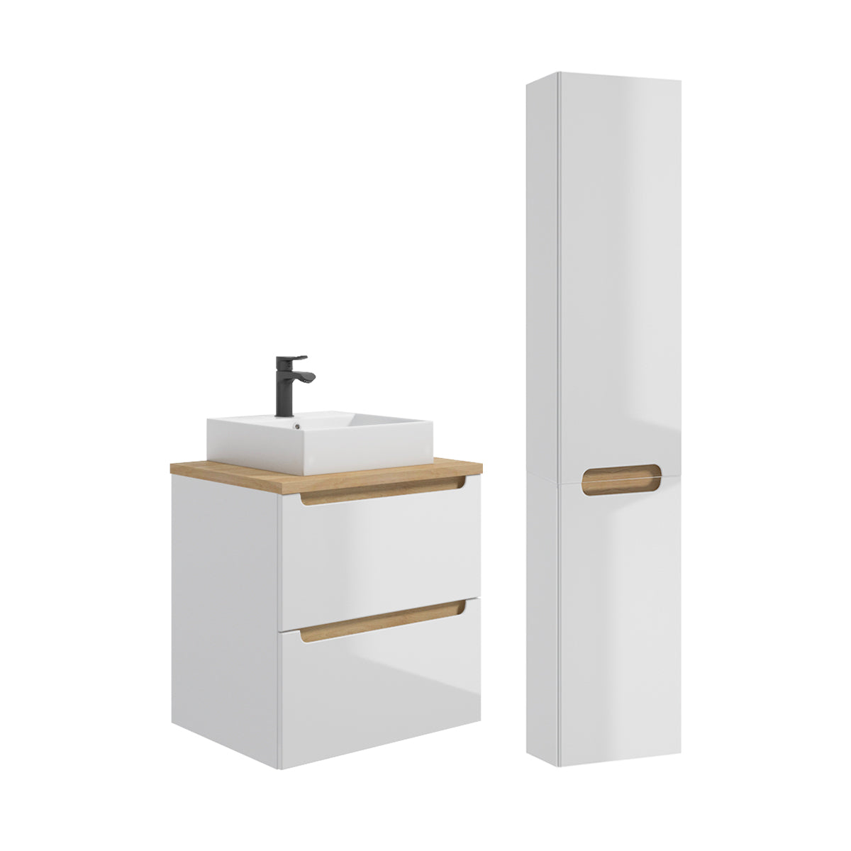 Conjunto de muebles con lavabo individual 60cm 2 cajones y columna livia blanco y madera
