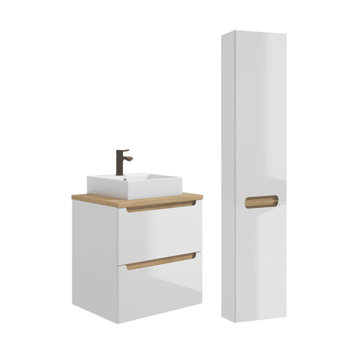 Conjunto móvel lavatório simples 60cm 2 gavetas coluna Livia Branco Madeira