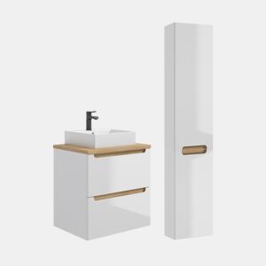 Conjunto móvel lavatório simples 60cm 2 gavetas coluna Livia Branco Madeira