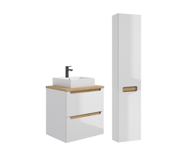 Conjunto de muebles con lavabo individual 60cm 2 cajones y columna livia blanco y madera