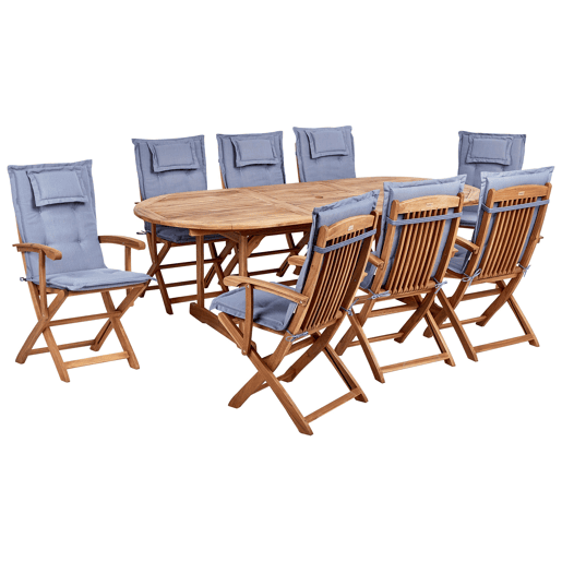 Conjunto de refeições de jardim 8 lugares MAUI II com almofadas Madeira de acácia Azul Conjunto de refeições de jardim 8 lugares MAUI II com almofadas Madeira de acácia Azul