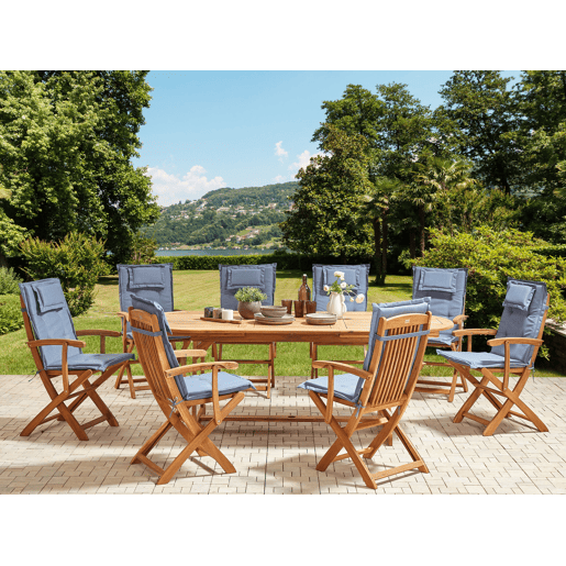 Conjunto de refeições de jardim 8 lugares MAUI II com almofadas Madeira de acácia Azul Conjunto de refeições de jardim 8 lugares MAUI II com almofadas Madeira de acácia Azul