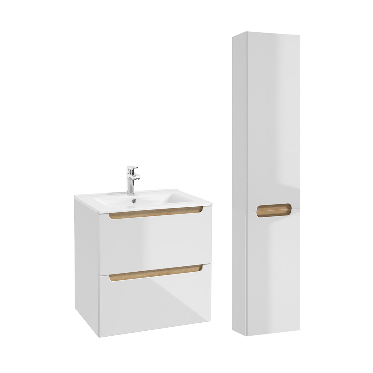 Conjunto de muebles con lavabo individual encastrado 60cm 2 cajones y columna livia blanco y madera