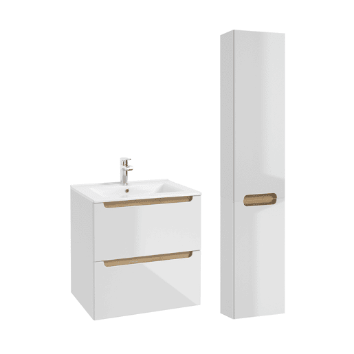 Conjunto móvel simples lavatório encastrado 60cm 2 gavetas e coluna Livia Branco e Madeira