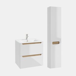 Conjunto móvel simples lavatório encastrado 60cm 2 gavetas e coluna Livia Branco e Madeira