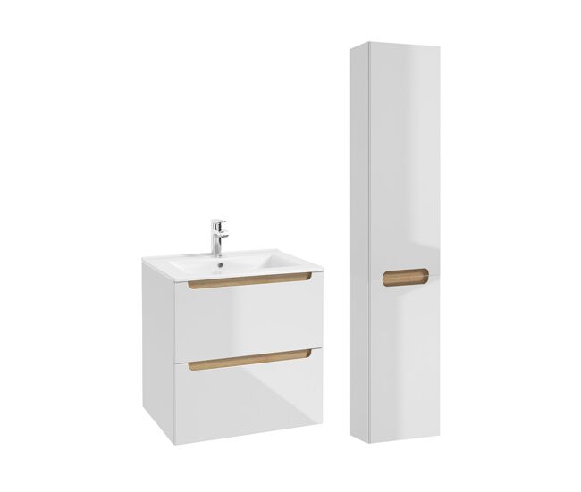 Conjunto de muebles con lavabo individual encastrado 60cm 2 cajones y columna livia blanco y madera