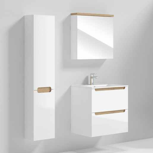 Conjunto móvel simples lavatório encastrado 60cm 2 gavetas e coluna Livia Branco e Madeira