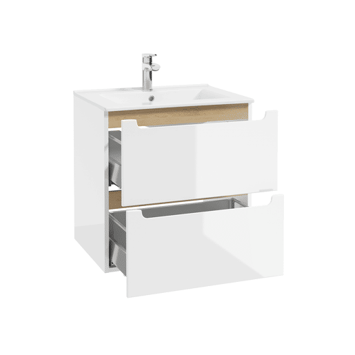 Conjunto móvel simples lavatório encastrado 60cm 2 gavetas e coluna Livia Branco e Madeira