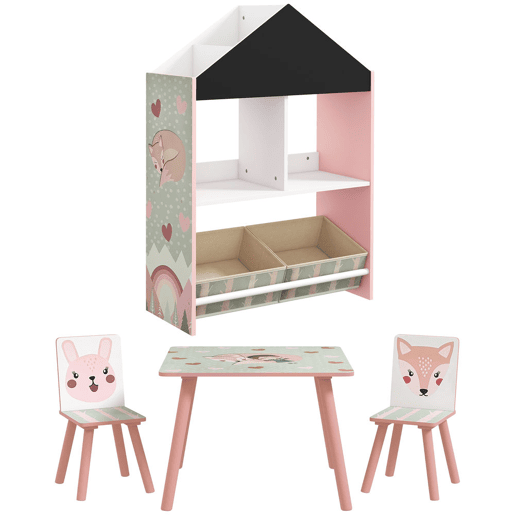 ZONEKIZ Conjunto para Crianças Inclui 1 Estante para Brinquedos com Ardósia 2 Caixas de Tecido não Tecido e 1 Mesa Infantil com 2 Cadeiras para Dormitório Sala de Jogos Rosa