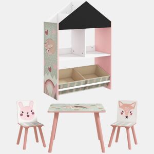 ZONEKIZ Conjunto para Crianças Inclui 1 Estante para Brinquedos com Ardósia 2 Caixas de Tecido não Tecido e 1 Mesa Infantil com 2 Cadeiras para Dormitório Sala de Jogos Rosa