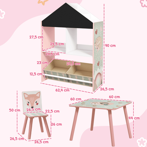 ZONEKIZ Conjunto para Crianças Inclui 1 Estante para Brinquedos com Ardósia 2 Caixas de Tecido não Tecido e 1 Mesa Infantil com 2 Cadeiras para Dormitório Sala de Jogos Rosa