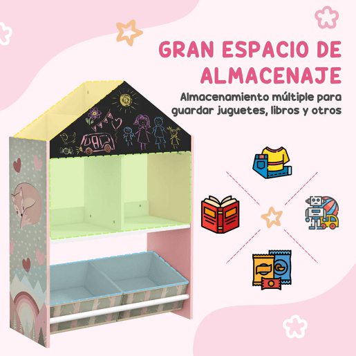 ZONEKIZ Conjunto para Crianças Inclui 1 Estante para Brinquedos com Ardósia 2 Caixas de Tecido não Tecido e 1 Mesa Infantil com 2 Cadeiras para Dormitório Sala de Jogos Rosa