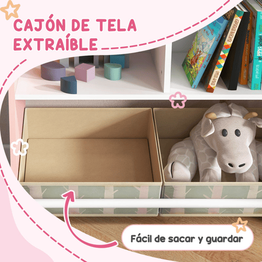 ZONEKIZ Conjunto para Crianças Inclui 1 Estante para Brinquedos com Ardósia 2 Caixas de Tecido não Tecido e 1 Mesa Infantil com 2 Cadeiras para Dormitório Sala de Jogos Rosa