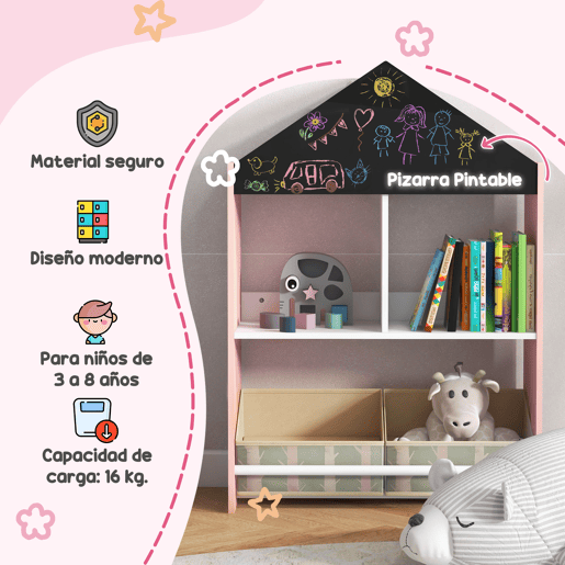 ZONEKIZ Conjunto para Crianças Inclui 1 Estante para Brinquedos com Ardósia 2 Caixas de Tecido não Tecido e 1 Mesa Infantil com 2 Cadeiras para Dormitório Sala de Jogos Rosa