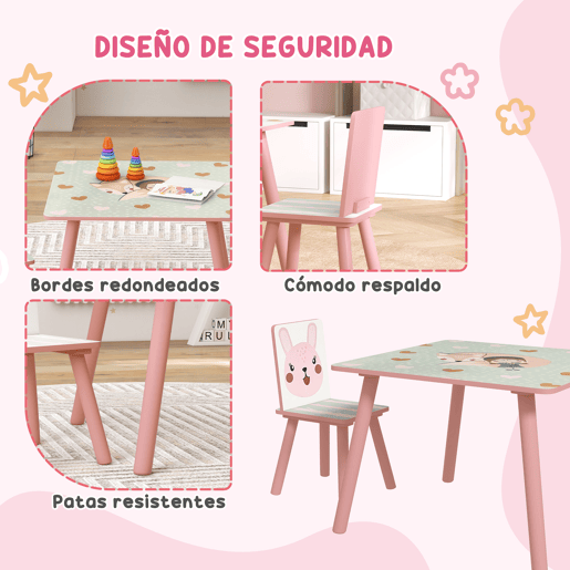 ZONEKIZ Conjunto para Crianças Inclui 1 Estante para Brinquedos com Ardósia 2 Caixas de Tecido não Tecido e 1 Mesa Infantil com 2 Cadeiras para Dormitório Sala de Jogos Rosa