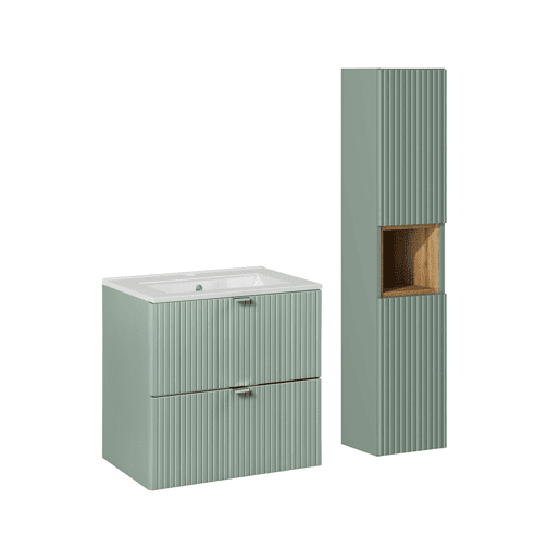 Conjunto móvel lavatório simples encastrado 60cm 2 gavetas e coluna Verde Jade e Madeira