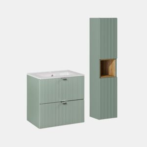 Conjunto móvel lavatório simples encastrado 60cm 2 gavetas e coluna Verde Jade e Madeira