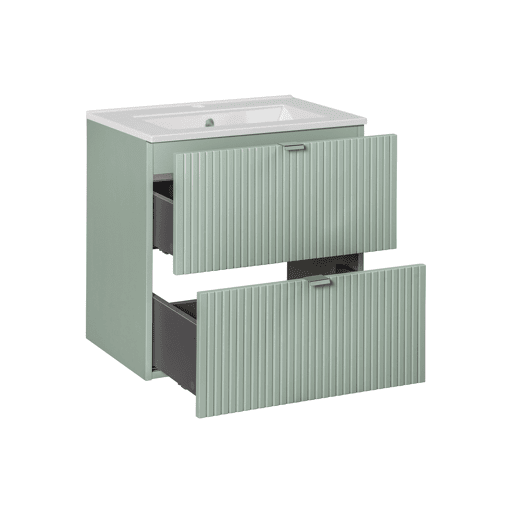 Conjunto móvel lavatório simples encastrado 60cm 2 gavetas e coluna Verde Jade e Madeira