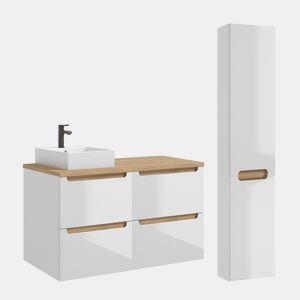 Móvel de lavatório individual de 120 cm com 4 gavetas, branco Livia e coluna de madeira