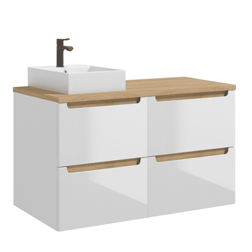 Móvel de lavatório individual de 120 cm com 4 gavetas, branco Livia e coluna de madeira