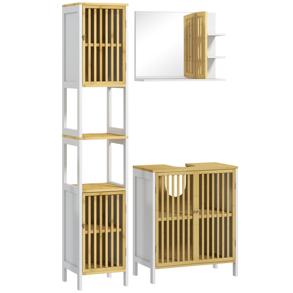 Homcom conjunto de baño incluye 1 mueble para debajo del lavabo 1 columna de baño y 1 espejo de baño rectangular con puerta de bambú estilo moderno blanco