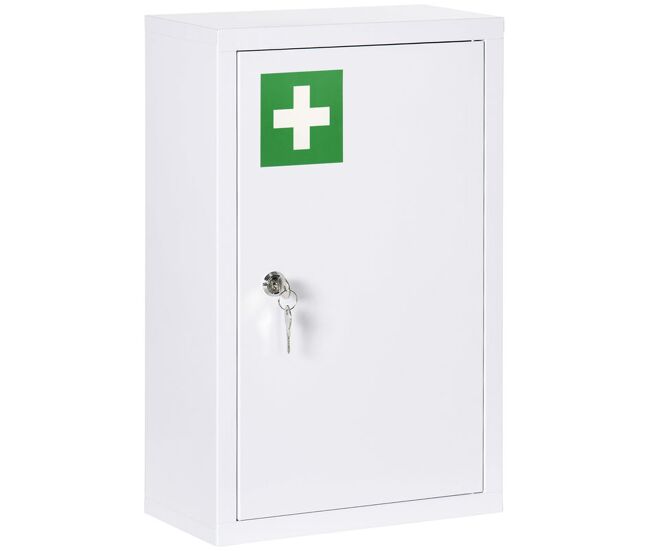 Kleankin botiquín de pared de acero de primeros auxilios botiquín para medicinas de 3 niveles armario de baño con cerradura y 2 llaves para cocina 30x14x46 cm blanco