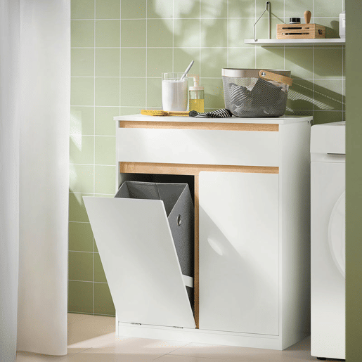 SoBuy BZR79-W Armário de casa de banho com cesto para roupa suja Branco