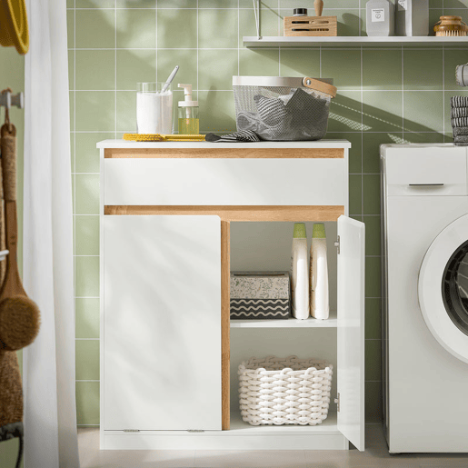 SoBuy BZR79-W Armário de casa de banho com cesto para roupa suja Branco