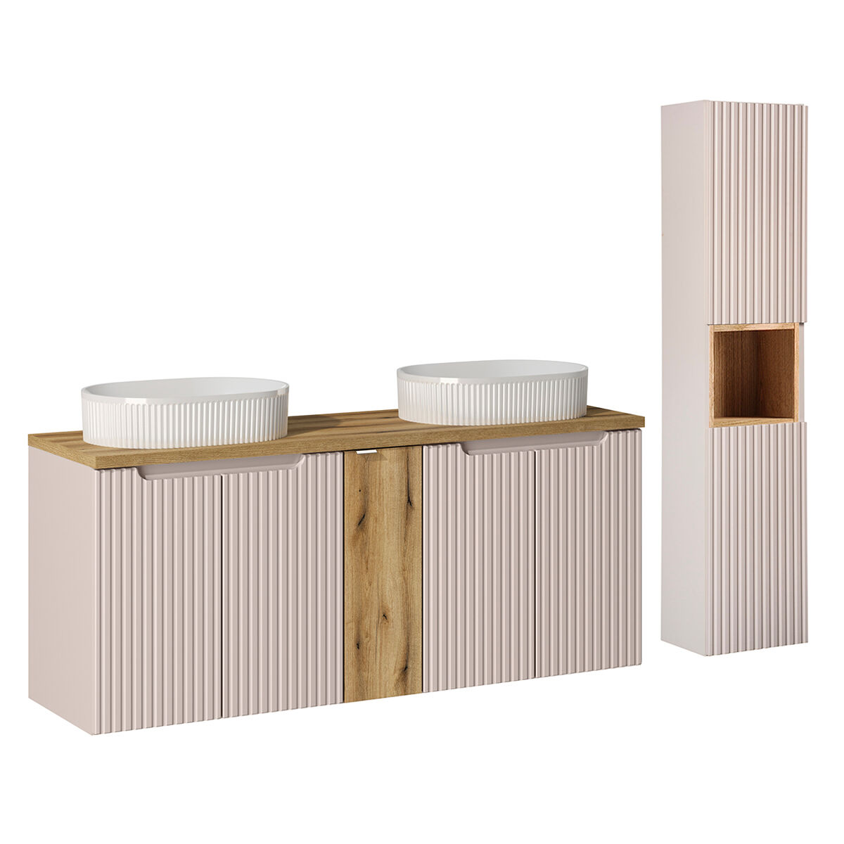 Conjunto de muebles con doble lavabo 140 cm 5 puertas y columna riva cachemira y madera