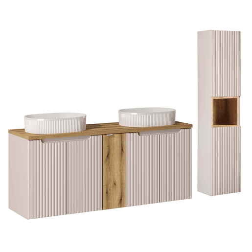 Conjunto móvel lavatório duplo 140cm 5 portas coluna Riva Cashmere Madeira