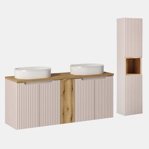 Conjunto móvel lavatório duplo 140cm 5 portas coluna Riva Cashmere Madeira