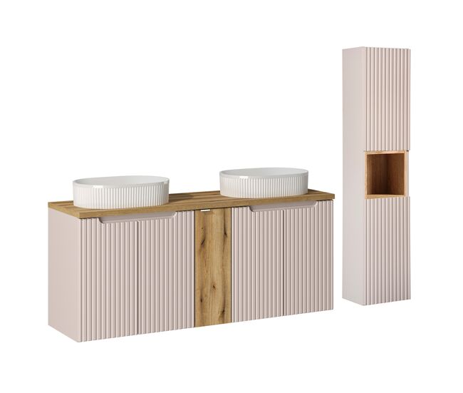 Conjunto de muebles con doble lavabo 140 cm 5 puertas y columna riva cachemira y madera