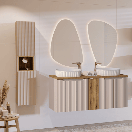 Conjunto móvel lavatório duplo 140cm 5 portas coluna Riva Cashmere Madeira