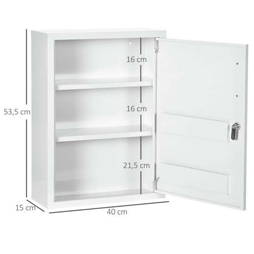 kleankin Armário de Parede de Aço para Medicamentos de 3 Níveis com Fechadura e 2 Chaves para Cozinha ou Casa de Banho 40x15x53,5 cm Branco