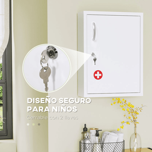 kleankin Armário de Parede de Aço para Medicamentos de 3 Níveis com Fechadura e 2 Chaves para Cozinha ou Casa de Banho 40x15x53,5 cm Branco