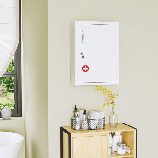kleankin Armário de Parede de Aço para Medicamentos de 3 Níveis com Fechadura e 2 Chaves para Cozinha ou Casa de Banho 40x15x53,5 cm Branco