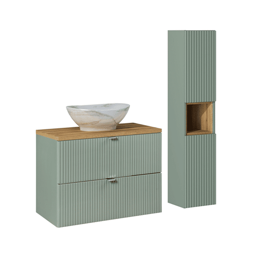 Ensemble móvel lavatório simples 80cm 2 gavetas e coluna Verde Jade e Madeira