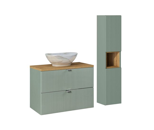 Conjunto de muebles lavabo individual 80cm 2 cajones y columna verde jade y madera