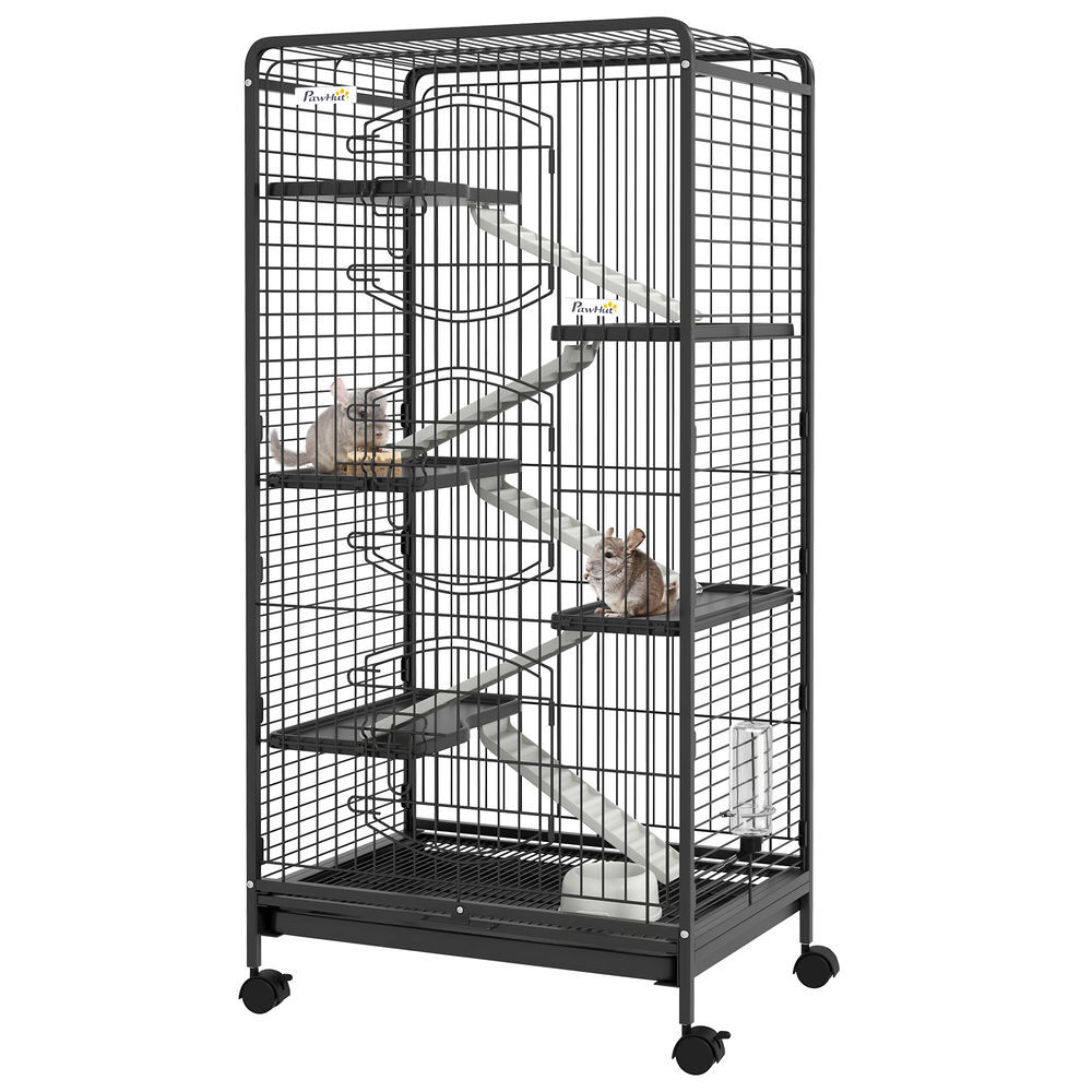 Pawhut jaula para hurones jaula para animales pequeños con ruedas rampa cuenco botella de agua y bandeja extraíble recinto para conejos chinchillas 61,5x44x131 cm negro