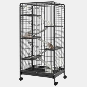 PawHut Gaiola para Pequenos Animais com 6 Níveis Gaiola para Roedores com Rodas Rampa Comedouro Bebedouro e Bandeja Amovível para Coelhos Chinchila 61,5x44x131 cm Preto