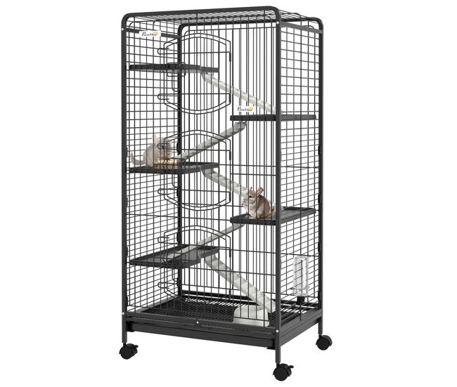Pawhut jaula para hurones jaula para animales pequeños con ruedas rampa cuenco botella de agua y bandeja extraíble recinto para conejos chinchillas 61,5x44x131 cm negro