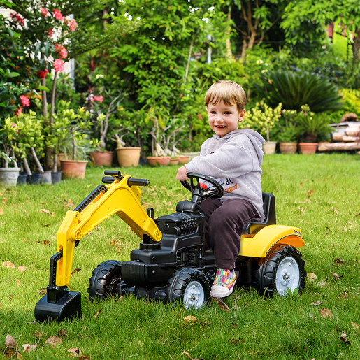 HOMCOM Trator a Pedais para Crianças acima de 3 Anos Escavadora para Crianças com Pá Dianteira e Buzina Carga 35kg Trator Infantil para Exterior 107x42x71 cm Amarelo