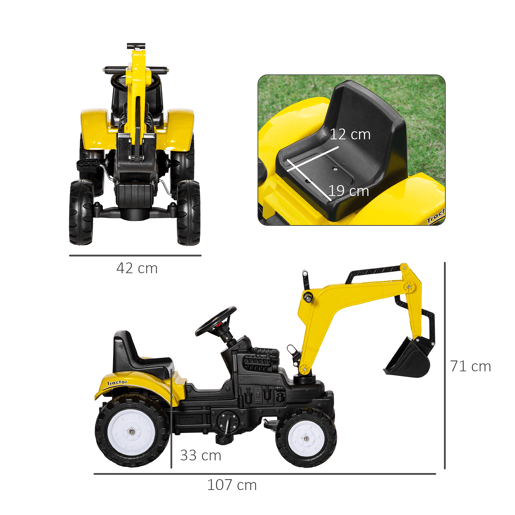 HOMCOM Trator a Pedais para Crianças acima de 3 Anos Escavadora para Crianças com Pá Dianteira e Buzina Carga 35kg Trator Infantil para Exterior 107x42x71 cm Amarelo