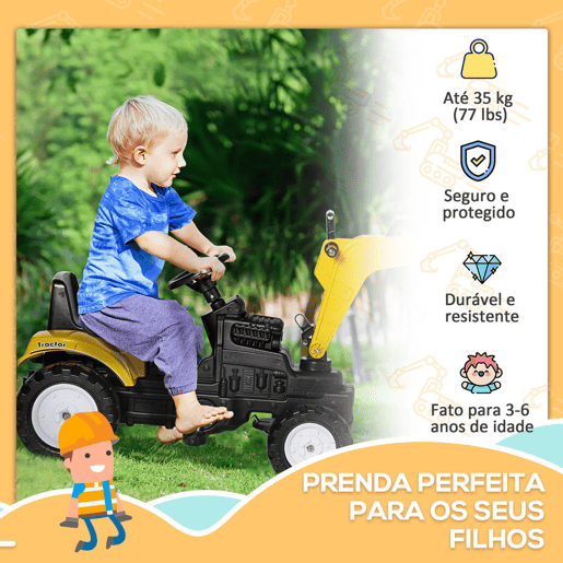 HOMCOM Trator a Pedais para Crianças acima de 3 Anos Escavadora para Crianças com Pá Dianteira e Buzina Carga 35kg Trator Infantil para Exterior 107x42x71 cm Amarelo