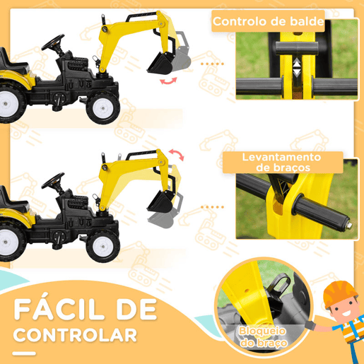 HOMCOM Trator a Pedais para Crianças acima de 3 Anos Escavadora para Crianças com Pá Dianteira e Buzina Carga 35kg Trator Infantil para Exterior 107x42x71 cm Amarelo