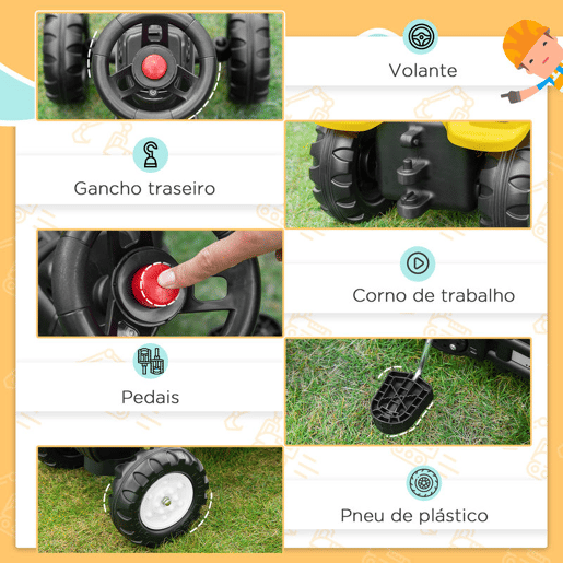 HOMCOM Trator a Pedais para Crianças acima de 3 Anos Escavadora para Crianças com Pá Dianteira e Buzina Carga 35kg Trator Infantil para Exterior 107x42x71 cm Amarelo