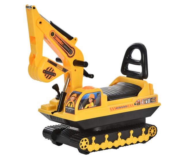 Homcom excavadora sin pedales para niños de 18-48 meses excavadora correpasillos camión de construcción con asiento de almacenamiento pala delantera y bocina carga 30 kg 78x24x58,5 cm amarillo