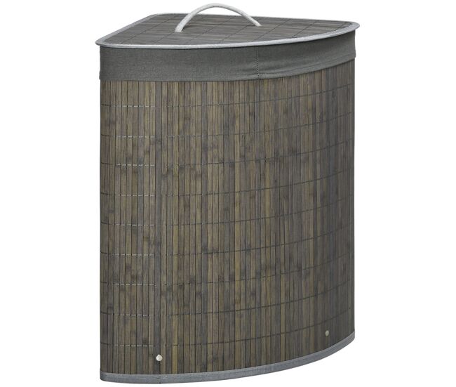 Homcom cesto para ropa sucia de bambú capacidad de 55l cesta para la colada esquinero en forma de abanico con tapa y bolsa extraíble y lavable, para baño, dormitorio, 38x38x57 cm gris
