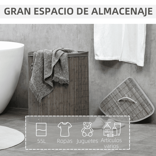 HOMCOM Cesto de Roupa de Bambu Capacidade de 55L Cesto para Roupa Suja em Forma de Leque com Tampa e Bolsa Amovível 38x38x57 cm Cinza