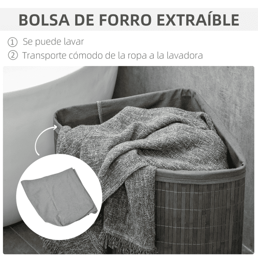 HOMCOM Cesto de Roupa de Bambu Capacidade de 55L Cesto para Roupa Suja em Forma de Leque com Tampa e Bolsa Amovível 38x38x57 cm Cinza